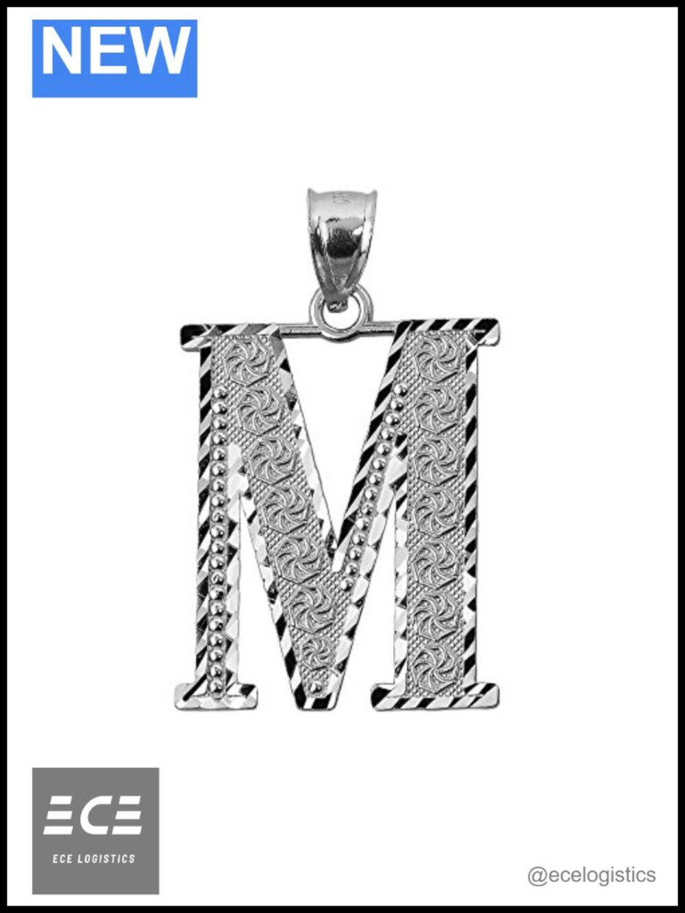 925 Sterling Silver Initial M Charm Pendant 1 Inch Diamond-Cut